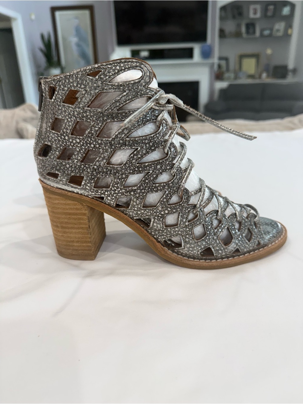 Jeffery Campbell Silver Lace up Open toe, Chunky Heel Sandals/ Bootie Size 7.5